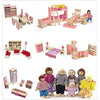 DecoBay Wooden Dollhouse Furniture - 6 Sets of Rooms, 7 Family Dolls - Bedroom, Kitchen, Bathroom, Living Room