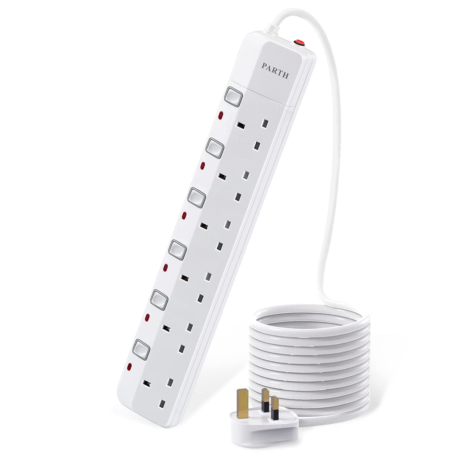 PARTH Surge Protected Extension Lead 5M Long Cable 6 Way Extension Cord Power Strip with Switches UK Sockets 6 Gang Extension Plugs with Surge