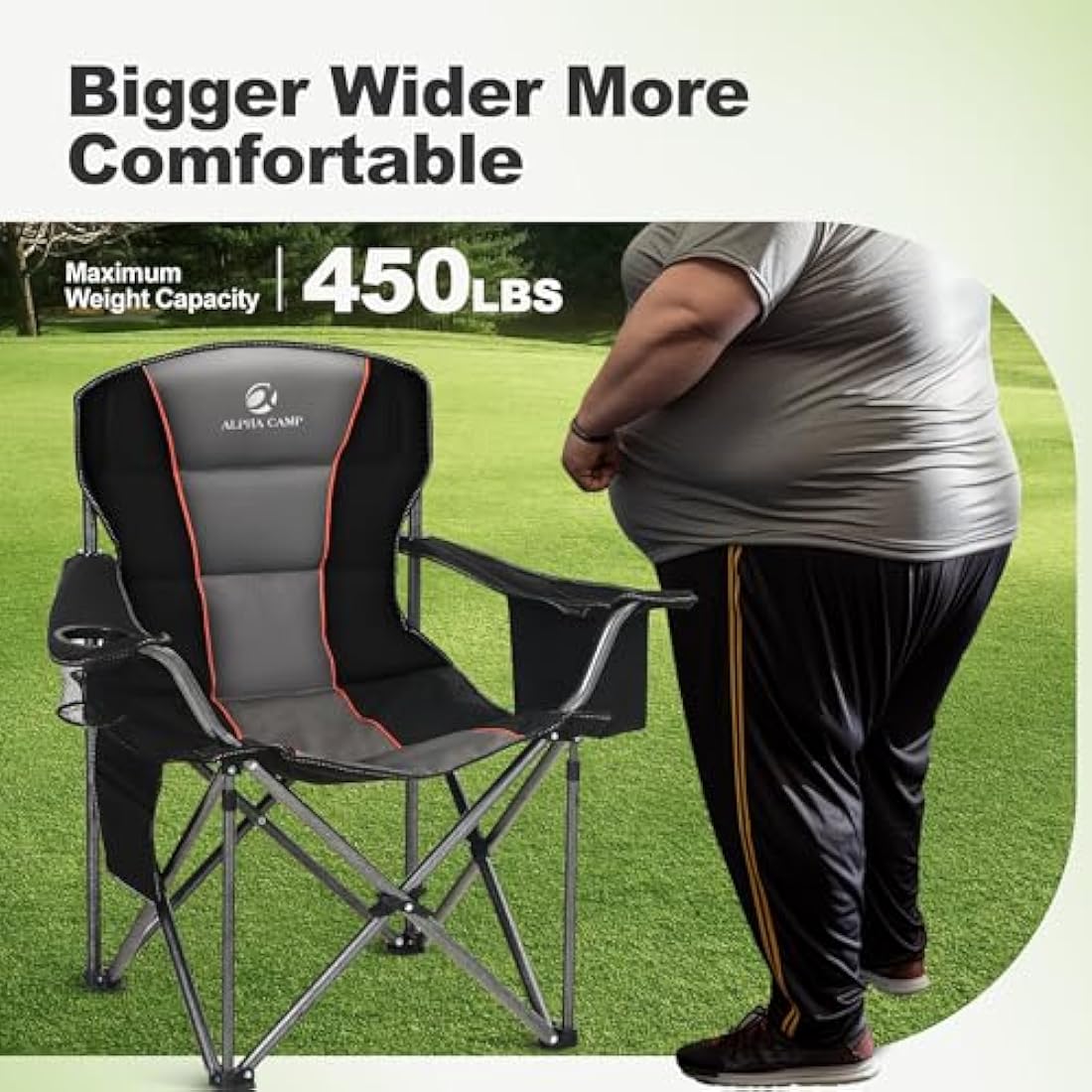 LET'S CAMP Folding Camping Chair Oversized Heavy Duty Padded Outdoor Chair with Cup Holder Storage and Cooler Bag, 450 LBS Weight Capacity, Thicken 600D Oxford Stoff, Set of 2