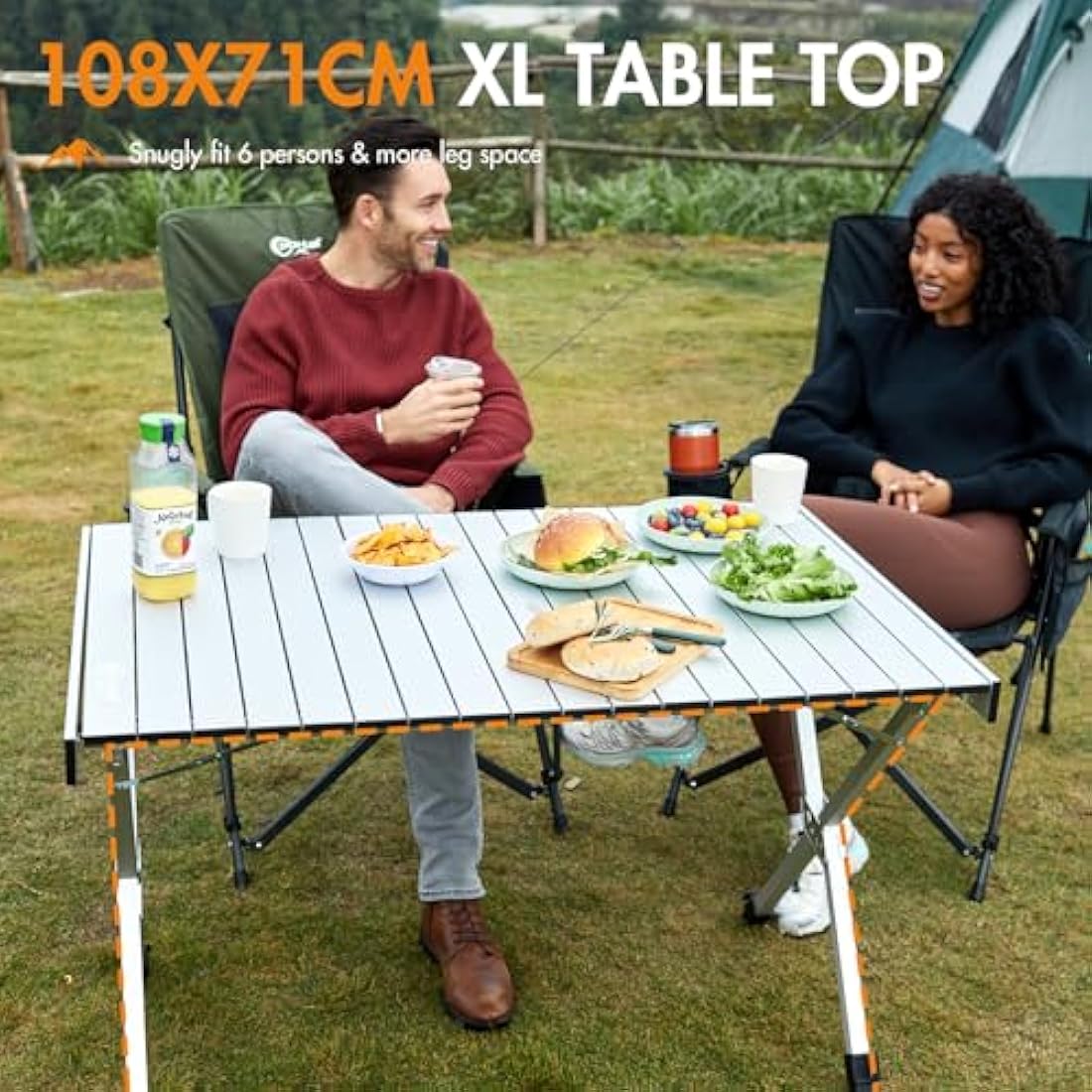 PORTAL Large Camping Table Folding 108x71cm Height Adjustable Picnic Table Foldable All Aluminum Roll Up Top Collapsible Outdoor Desk Lightweight Garden Table Load 100KG for Caravan BBQ Dining Beach
