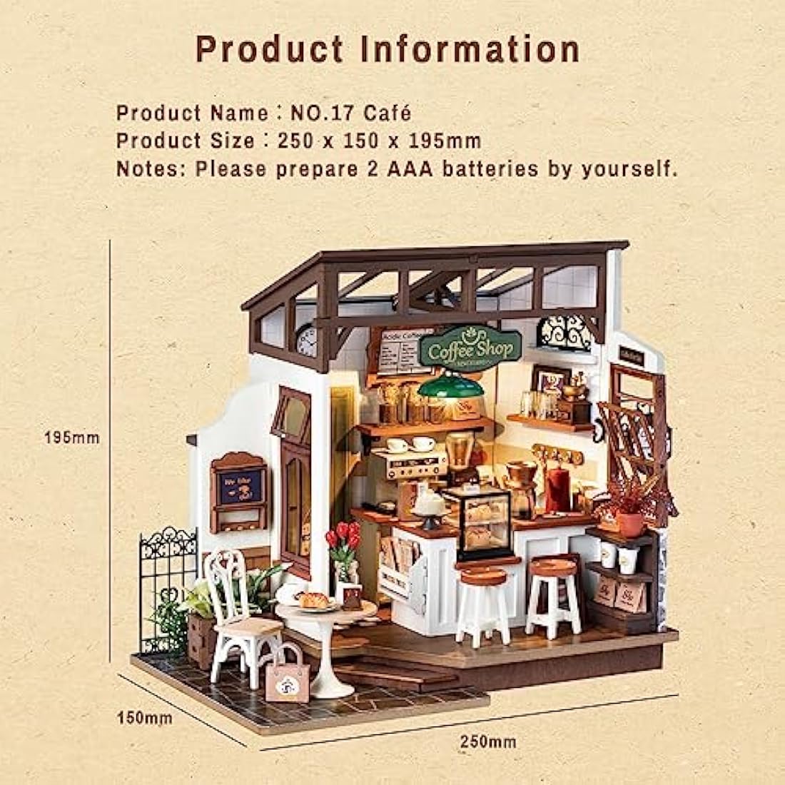 ROBOTIME DIY Wooden Dollhouse Set with Miniature Furniture, Model Building Set with Accessories and LED, Model Kit for Adult and Children, Holiday Birthday (NO.17 Coffee)