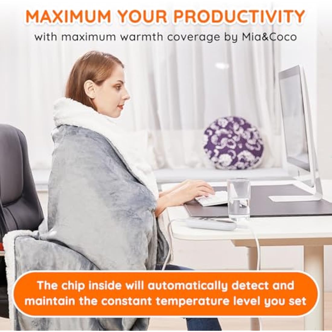 Mia&Coco Electric Heated Blanket Throw Flannel Sherpa Fast Heating 120x160cm, 10 Heat Levels & Up-to-9-Hours Auto-Off Timer & LED Display, for Home Office Use, Machine Washable, ETL Certified, Grey