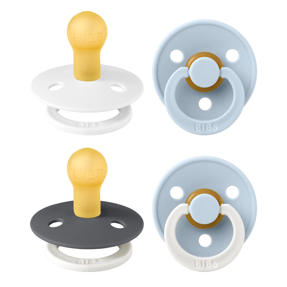 BIBS Dummies Colour 4-Pack, BPA Free Dummy Pacifier, Round Nipple Soothers, Natural Rubber Latex, Made in Denmark. 0-6 Months (Pack of 4), White Glow