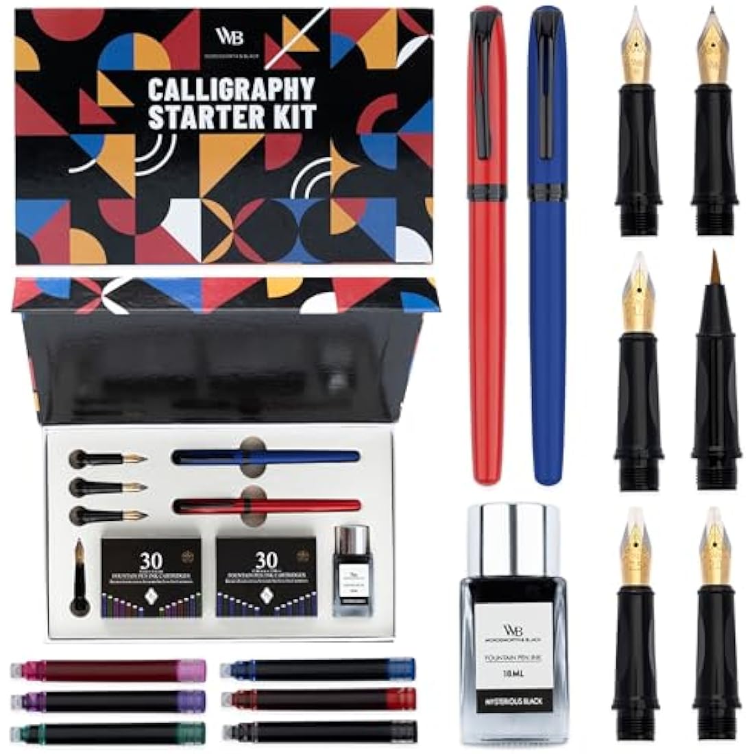 Wordsworth & Black Calligraphy Pen Set - Blue - Includes 2 Pens, 18 ML Ink Bottle, 60 Cartridges, 1 Medium & 4 Broad Nibs, Brush Pen - Calligraphy Kit for Beginners