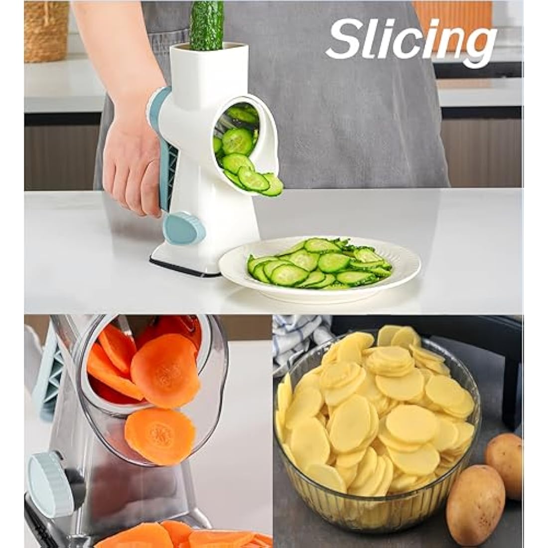 LacusMare Rotary Cheese Grater with 3 Blades for Slicing, Coarse Grating & Fine Shredding, Graters for Kitchen with Stable Suction Base, Vegetable Slicer for Cucumber, Carrot, Potato, Nuts (Gray)