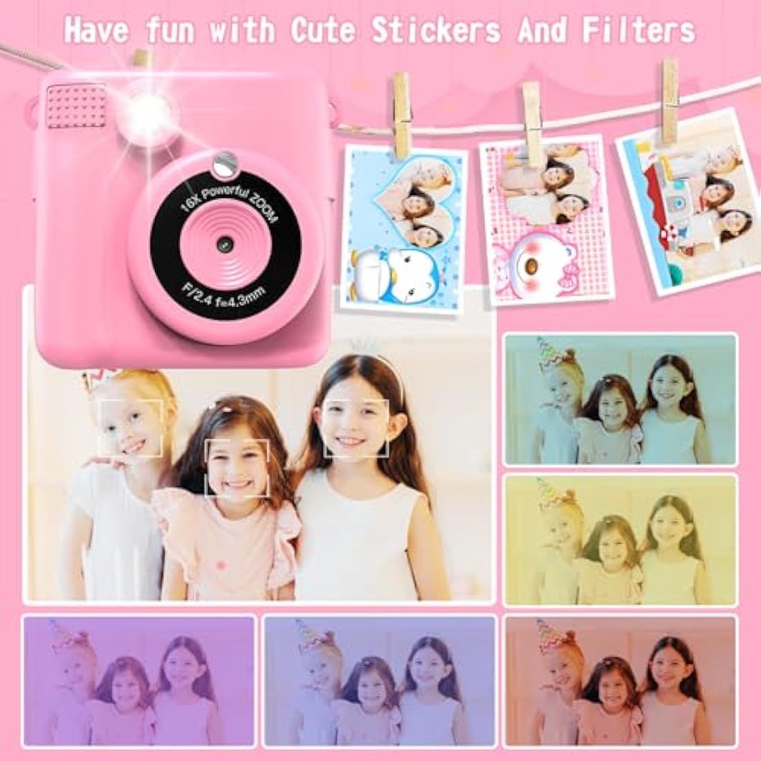 Kids Camera for Girls Boys, Kids Instant Print Camera Toy, 2.4" Screen, 1080P HD Kids Digital Camera with 3 Rolls Photo Paper, Birthday Gifts for 3 4 5 6 7 8 9 10+ Year Old, 6 Color Pen, 32GB SD Card