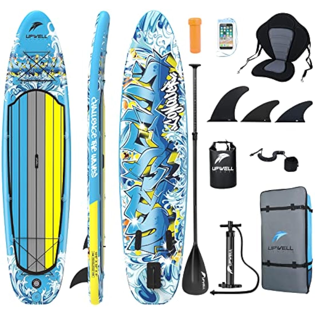 UPWELL 11'/10'6' Inflatable Stand Up Paddle Board with sup Accessories Including Backpack, Repairing Kits, Non-Slip Deck, Kayak Seat, Leash, 3 Fins, Paddle and Hand Pump