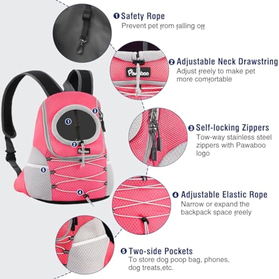 Pawaboo Pet Dog Carrier Backpack, Puppy Dog Travel Front Carrier for Small Medium Dogs Cats, Adjustable Breathable Dog Carrying Backpack with Safety Strips for Hiking, Walking (Pink M Up to 10 lbs)