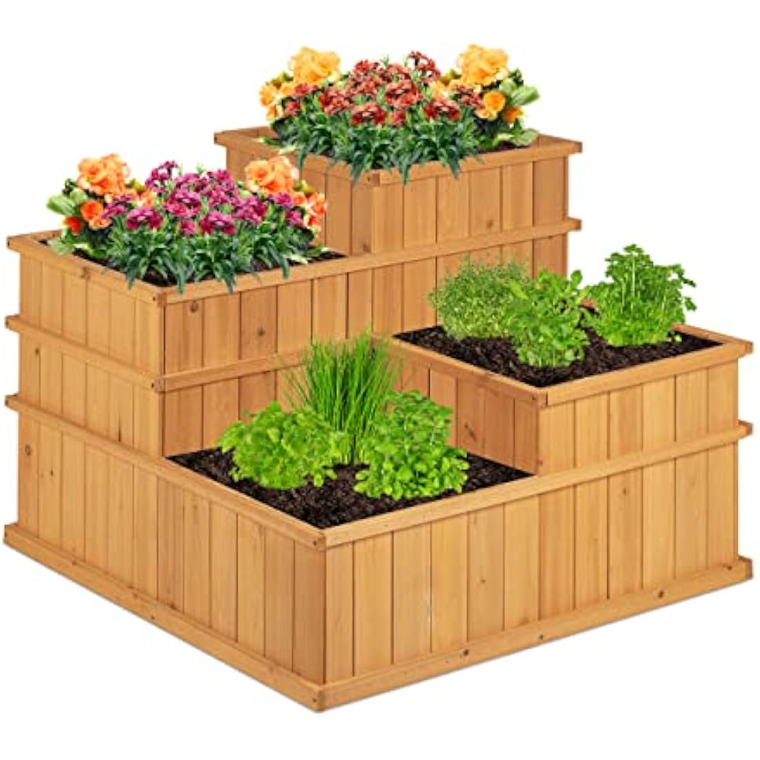 Relaxdays Raised Flowerbed, Tiered, 4 Planter Boxes, Herbs, Garden, Balcony, Terrace, Wooden, HWD: 61x81x81 cm, Natural, Wood