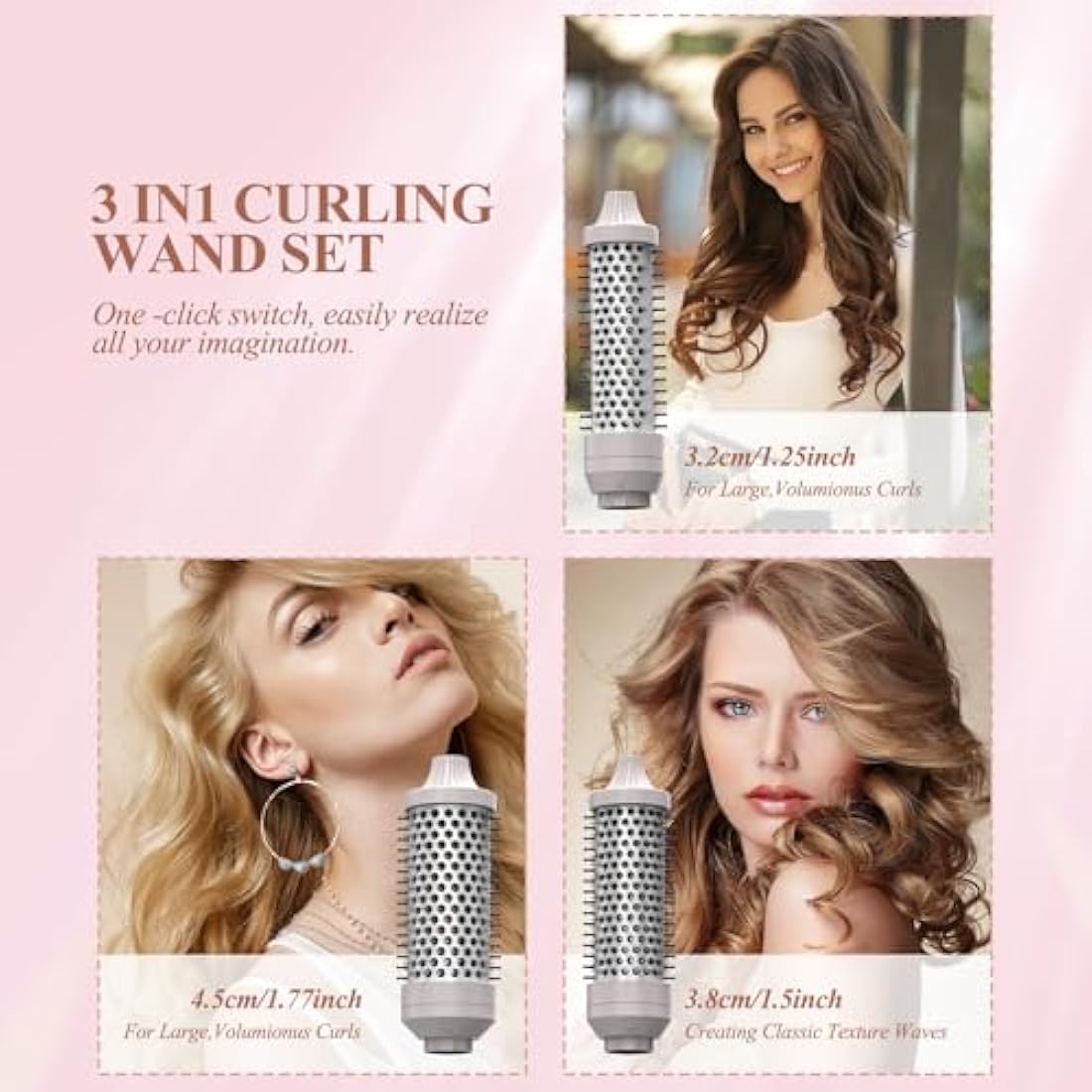 Thermal Brush 3 in 1 Set, Ionic Heated Round Curling Create Volume & Smoother Hair Style for Fully Dried Hair, Ceramic Fast Heating Curling Iron Brush with Temperature Lock & Auto-Power Off (Silvery)