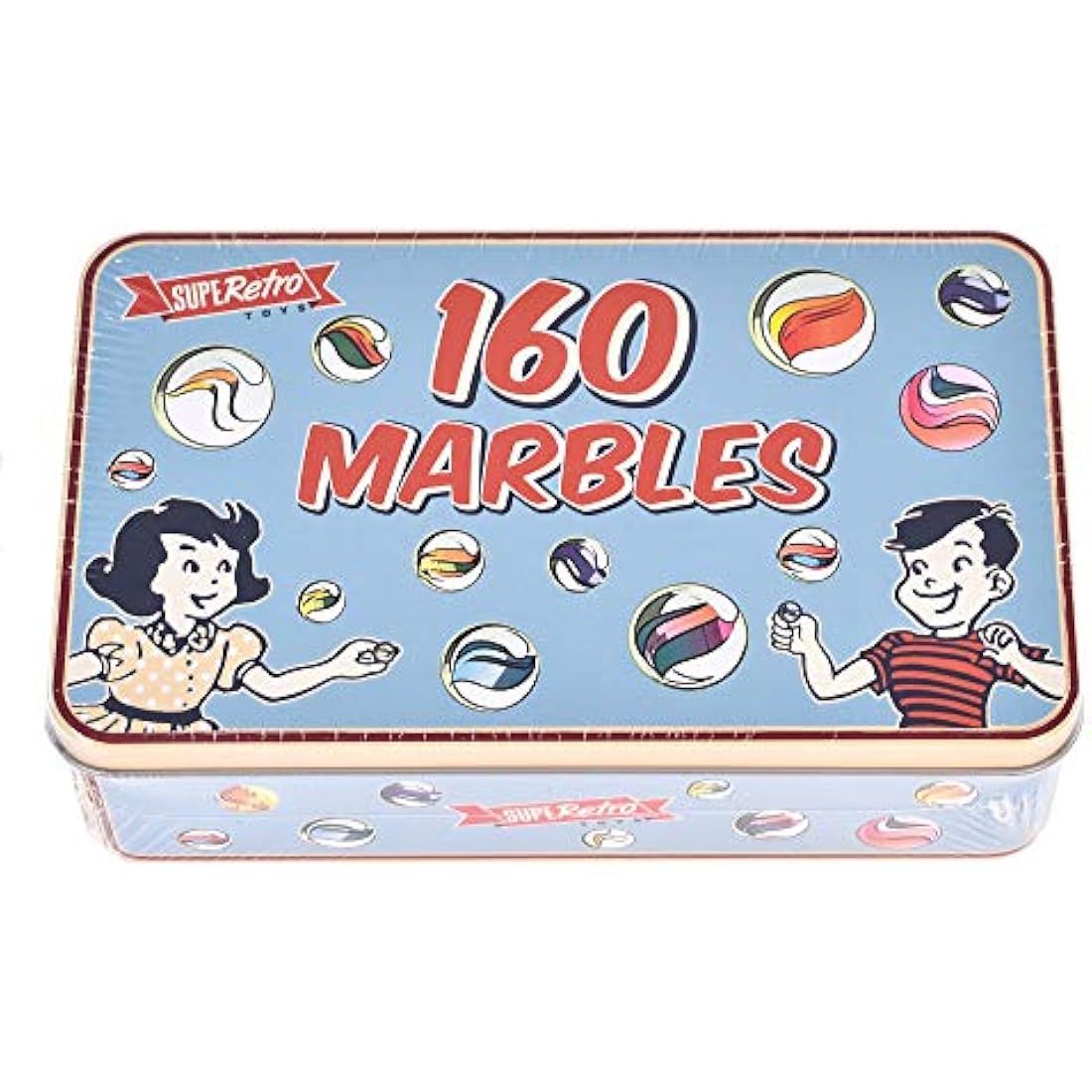 KandyToys SupeRetro 160 Piece Classic Glass Marbles in a Vintage Storage Display Tin | Novelty Kids Toys | Marbles For Kids