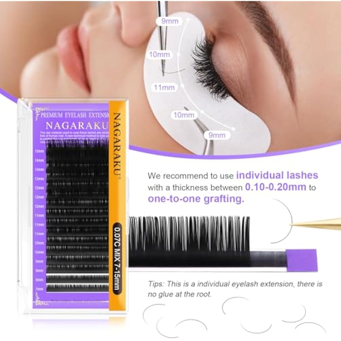 NAGARAKU 5 Trays Eyelash Extensions Supplies Classic 1:1 Lashes Individual Volume Lash Extensions Soft Single Natural Eyelashes Matte Black 16 Rows (0.05mm D Curl 9/10/11/12/13mm in 1 Pack)