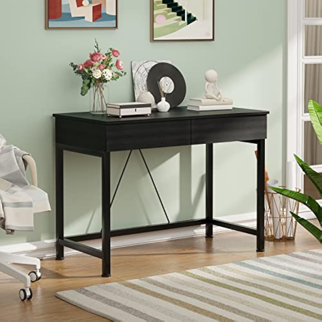 CAIYUN Computer Desk with Drawers, Dressing Table, Vanity Desk, Make Up Desks, Home Office Desks with Storage, Study Tables for Small Space, Laptop Table Made of Wood and Metal, 39.4", Black