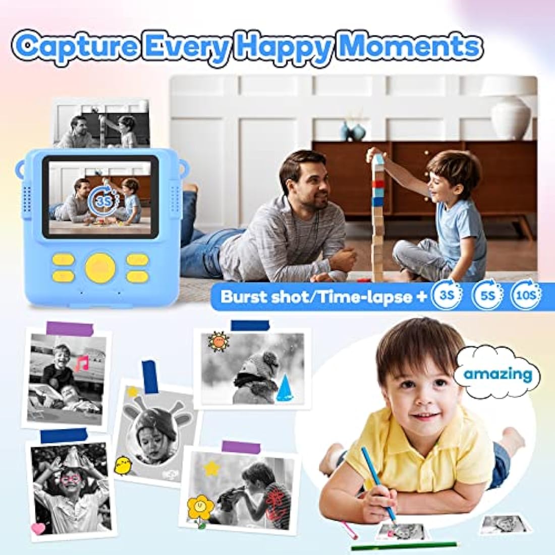 OPERHOO Kids Camera Boys Girls, Kids Instant Print Camera Toy 3-14 Year Old, 1080P HD Kids Digital Camera with Photo Paper Birthday Gifts 3 4 5 6 7 8 9+ Year Old Boy 6 Colour Pens 32GB SD Card