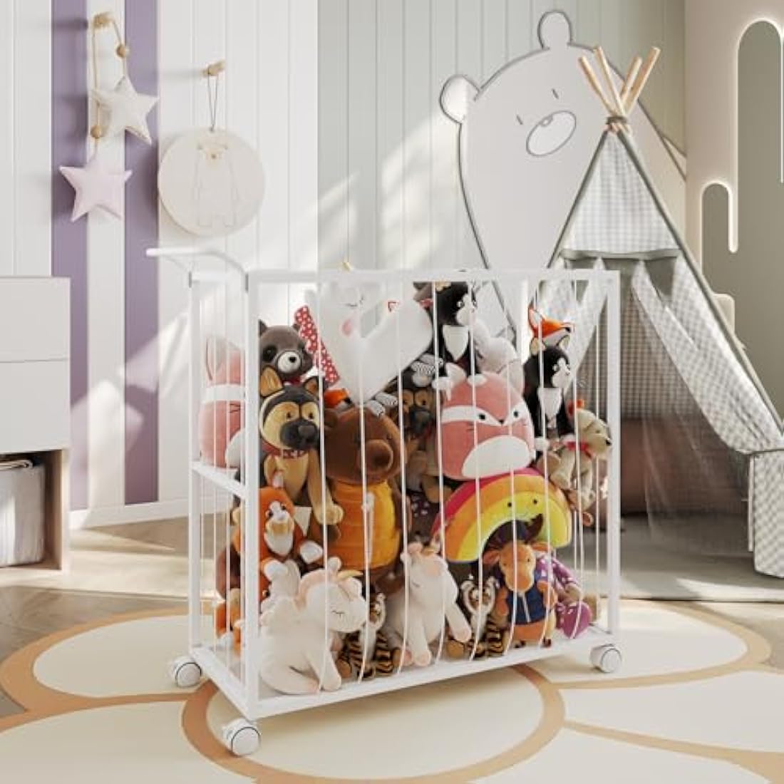 BBLIKE Stuffed Animal Storage - Zoo Soft Toy Storage Organizer for Teddy, Save Space Plush Toys Chest with Wheels, Large Capacity Stuffed Animal Holder for Kids Room, Playroom, Nursery（White）