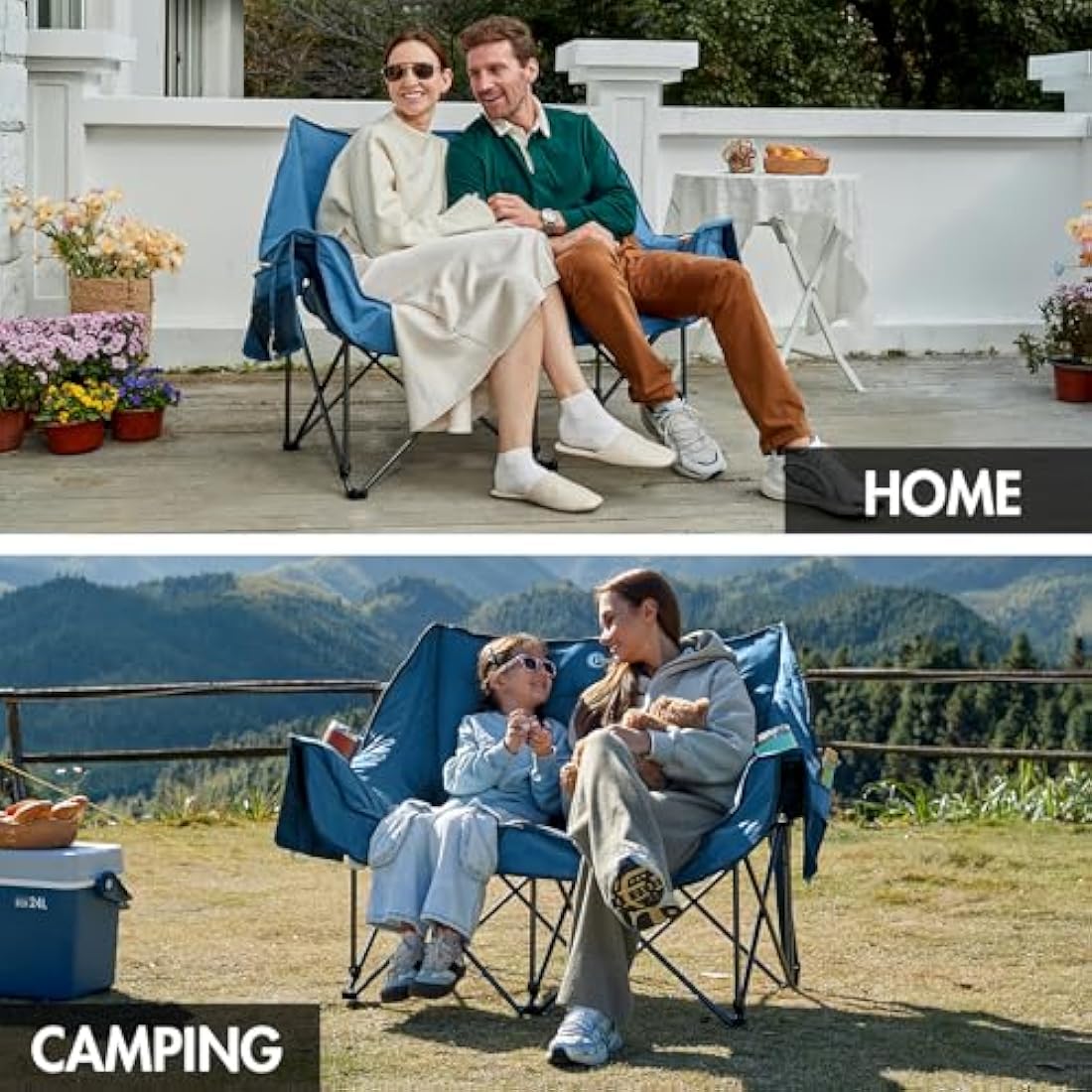 Portal Double Camping Chair Padded Folding Camping Sofa for Adults Large Quilted Love Seat Luxury Fodable Tub Chair Deluxe Moon Chair Collapsible Giant Festival Garden Lawn Picnic Load 272KG