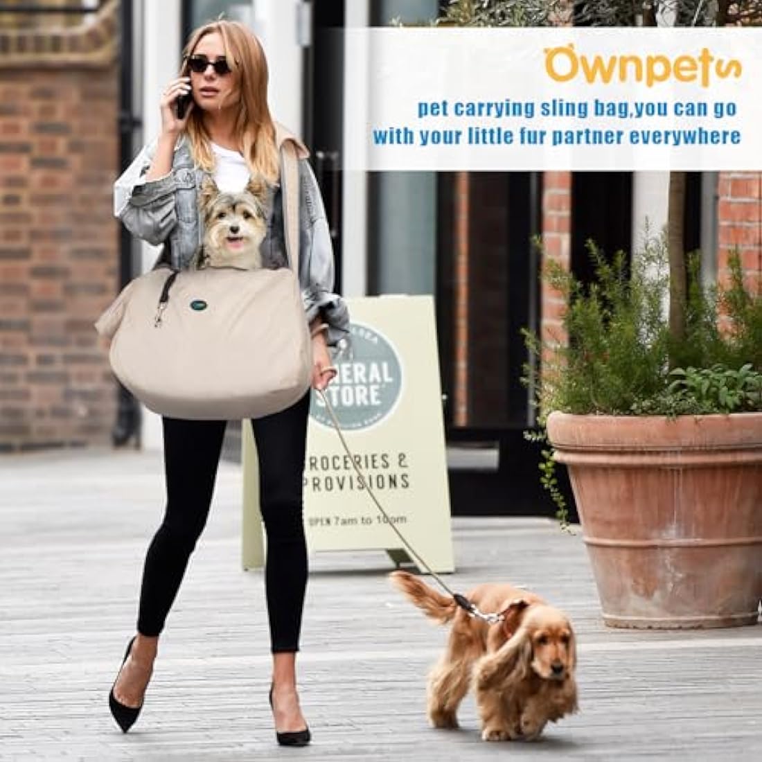 Ownpets Pet Sling Carrier, Fits 6.5 to 9kg Medium Dog/Cat Sling Carrier Reversible and Hands-Free Dog Bag with Adjustable Strap and Pocket Shoulder Pad for Outdoor Travel Hiking, Cream-Colored