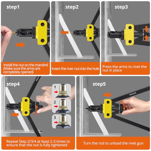 Proster Rivet Nut Gun 14" Rivet Nut Tool with 150Pcs M3 M4 M5 M6 M8 M10 Rivet Nuts 6Pcs Metric Mandrels Heavy Duty Hand RIV Nut Gun Thread Setter Kit Yellow