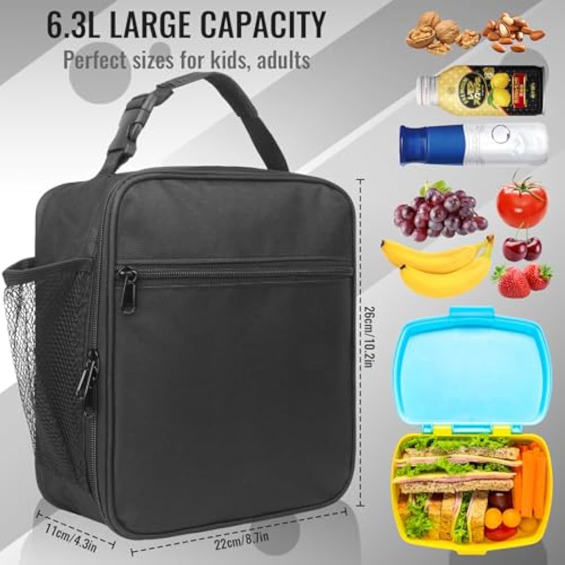 TIECHI Insulated Lunch Bag with Side Mesh Pocket, Thermal Packed Lunch Box for Adults/Kids/Men/Women, Water-Resistant Leakproof Cool Bag for Work/School/Picnic/Outdoor(Black)