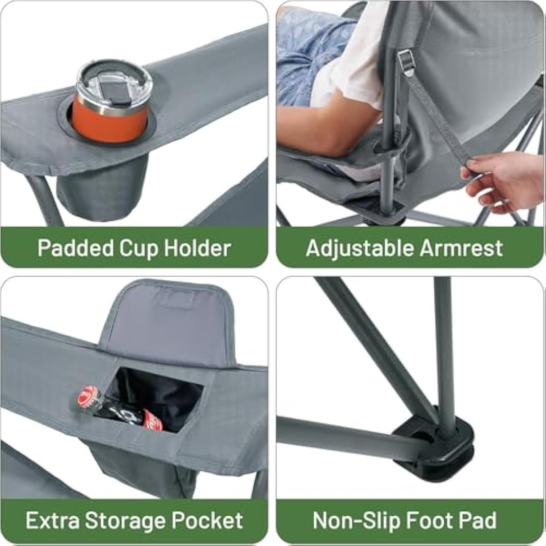 TIMBER RIDGE Camping Chairs for Adults Heavy Duty 200kg Oversized, Padded Folding Chair with Cup Holder and Storage Bag Comfy for Outdoor Picnic Fishing Garden, Lightweight and Portable (Grey, 1 PC)
