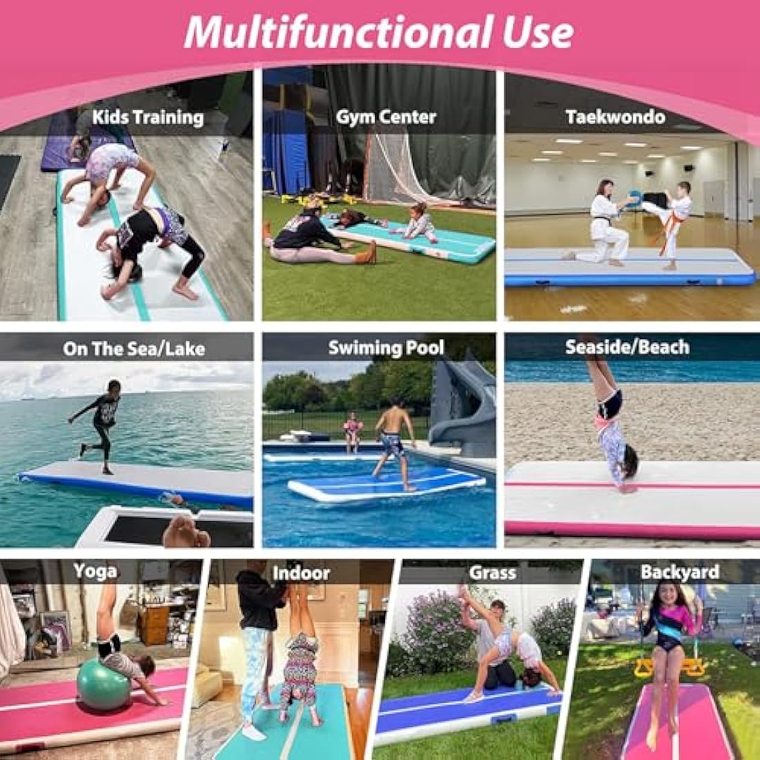 MEKETUM Air Tumble Track Gymnastic Mat Inflatable 6.6ft 10ft 13ft 16ft 4/8 Inch Thickness Gym Tumbling Floor Mats with Air Pump for Home Use/Cheerleading/Yoga/Dance/Water Fun