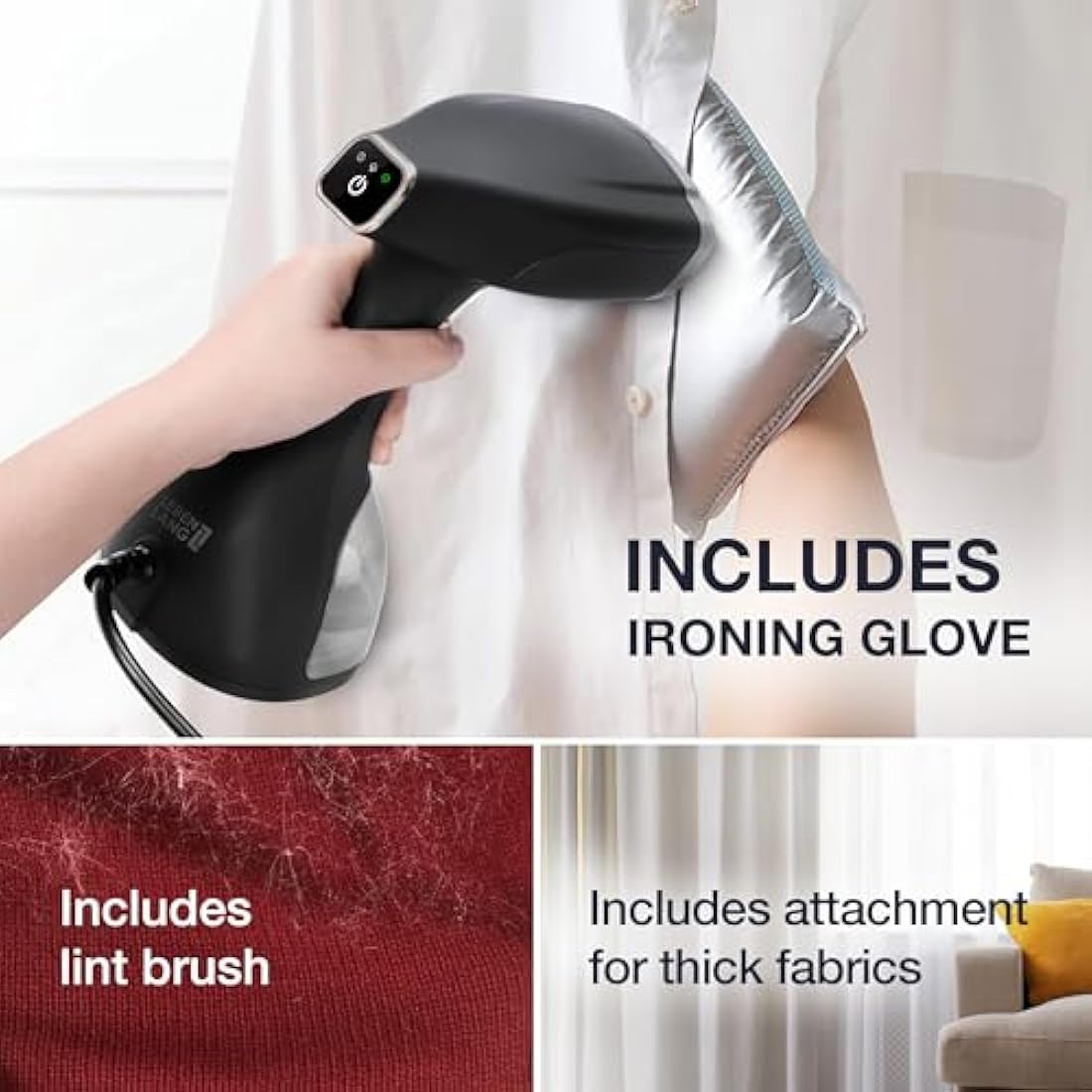 LEBENLANG Handheld Clothes Steamer Iron - 1500W & 300ml I Incl. 2 Attachments & Ironing glove I Vertical Garment Steamer Clothing steam Hand Held Steamers for clothes I Portable for Shirt Curtain Suit