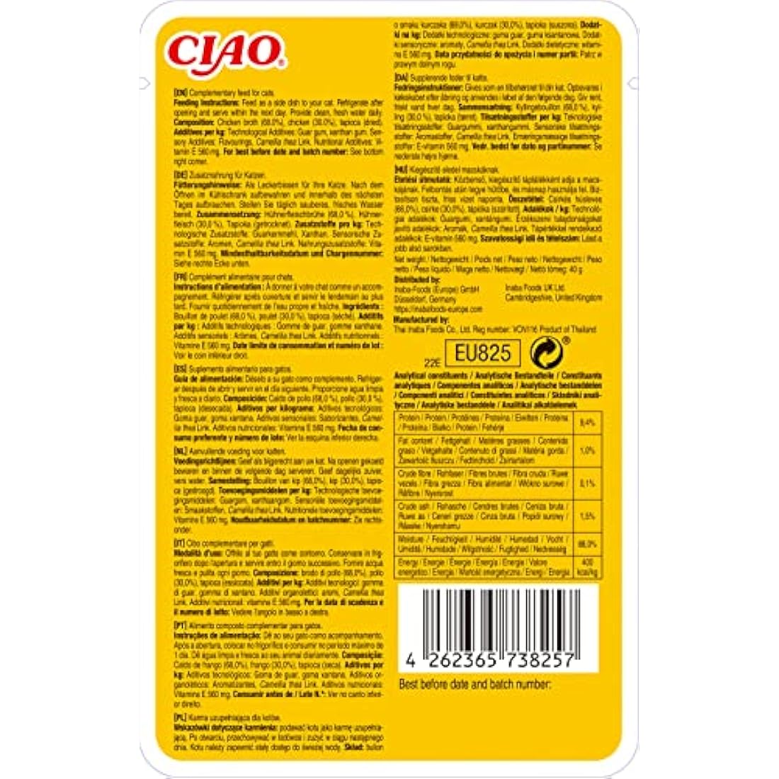 Ciao Broth by INABA Wet Cat Food - Chicken - 12 Packs (480g total) / Moist Treat, Delicious & Healthy Snack, Food Topper, Side Dish, Complement, Natural, Grain Free, Wet Cat Food