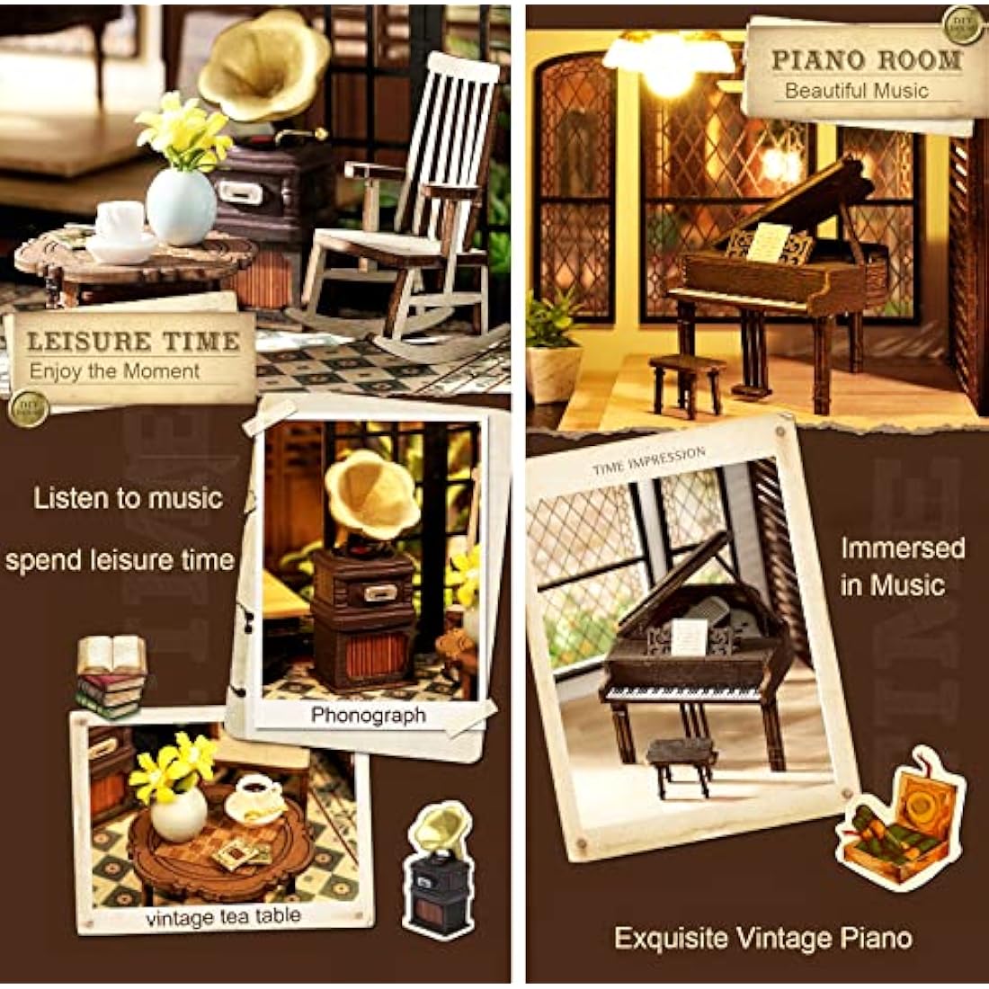 Spilay DIY Miniature Dollhouse Wooden Furniture Kit,Handmade Mini Crafts Modern Villa Model with Dust Cover & Music Box,1:24 Scale Creative Doll House Toys (LV002) (Time Impression)