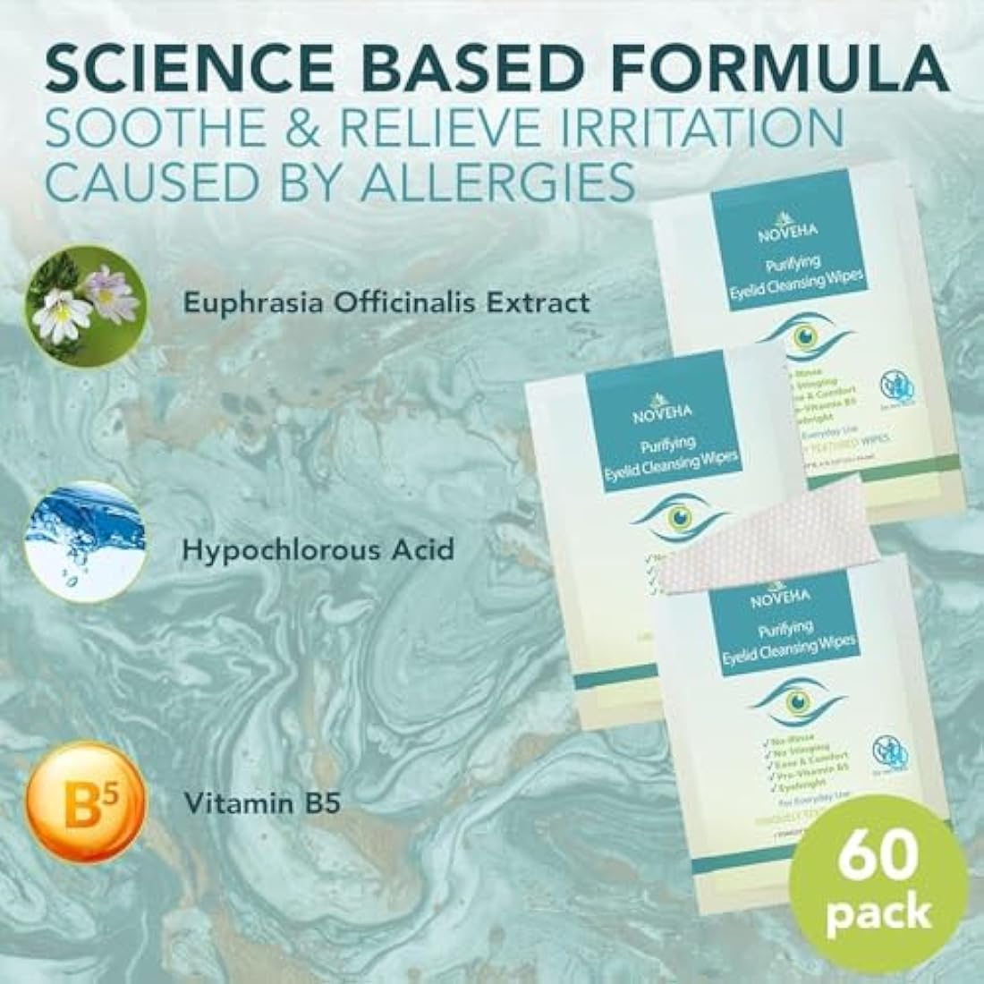 NOVEHA Eyelid & Lash Wipes | For Itchy, Dry Eyes, Styes & Blepharitis, Demodex | lid and lash Cleansing Wipes, Hypoallergenic & Soothing For Sensitive Eyes, (60 Count each (Pack of 2))
