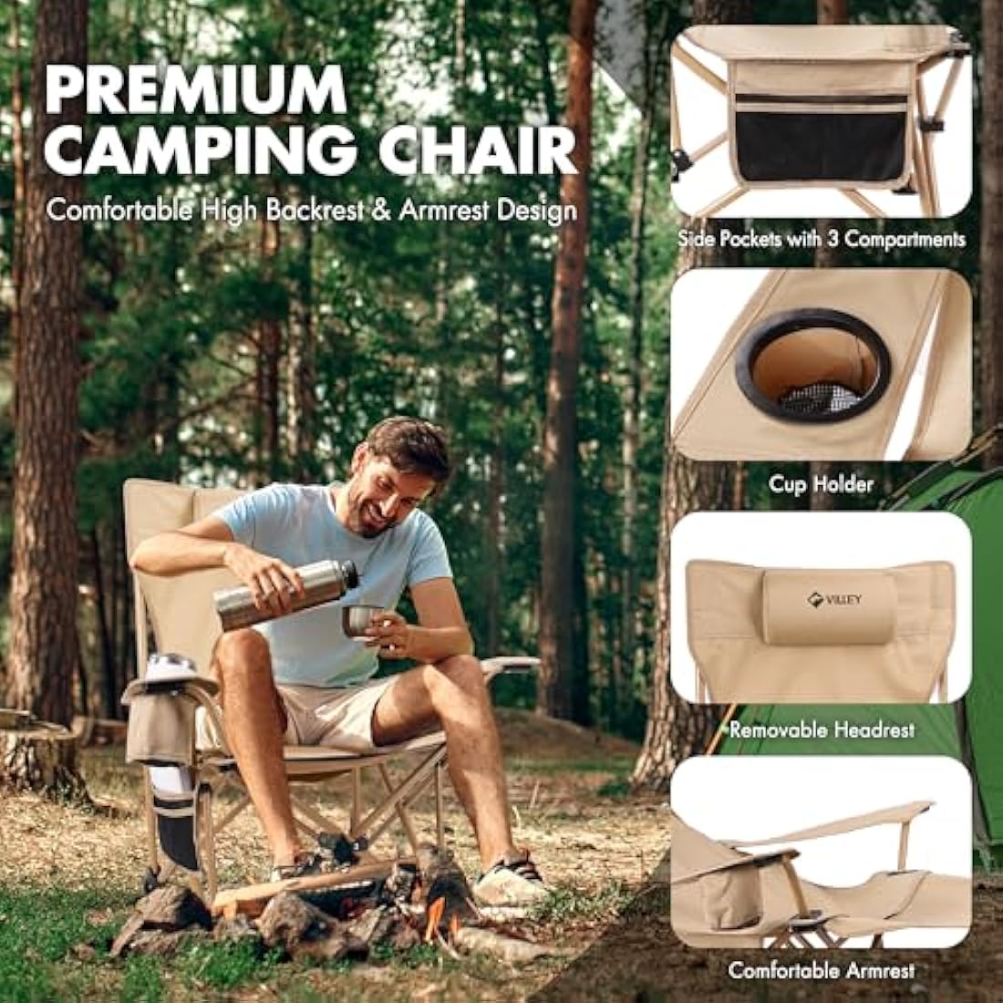 VILLEY Reclining Camping Chair with Removable Footrest, 2 in 1 Portable Adjustable Recliner Camp Chair, Headrest & Storage Bag, Supports Up to 150 kg