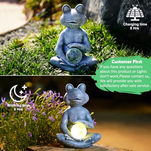 Solar Outdoor Garden Meditating Yoga Frog Statue With Gazing Solar Ball- Frog Gifts for Women/Mom, Zen Garden Frog Figurines for Home,Garden