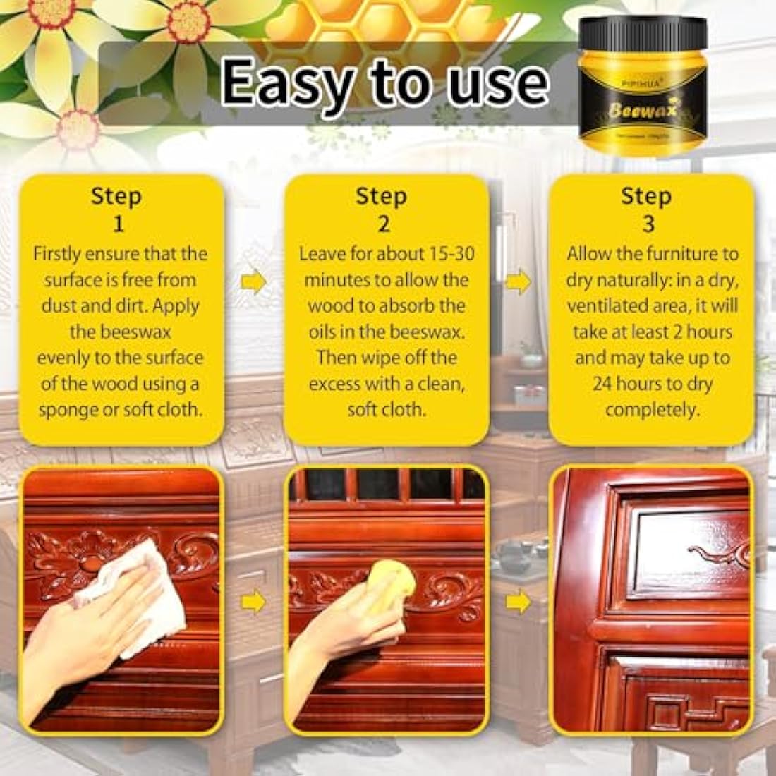 PIPIHUA Beeswax Polish for Wood, Multi-purpose Furniture Polish for Waterproofing & Protection, Natural Beeswax Traditional Wood Wax for All Types and Colours, 4×100g with 8 Sponges