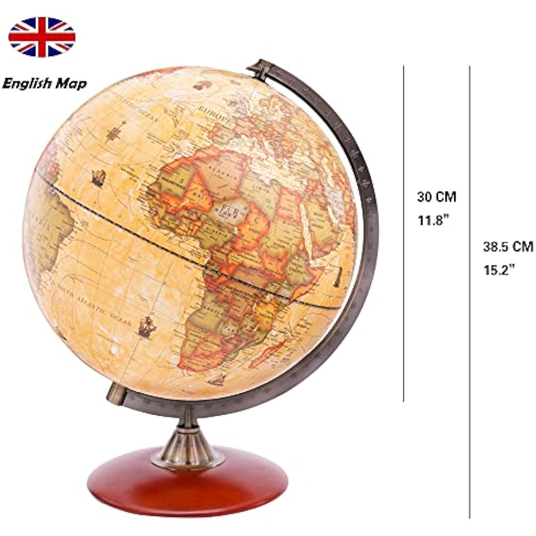 EXERZ 30cm Antique Globe With A Wood Base - World Globe Rotating Vintage Colour Modern Map -Decorative 30cm Diametre Large