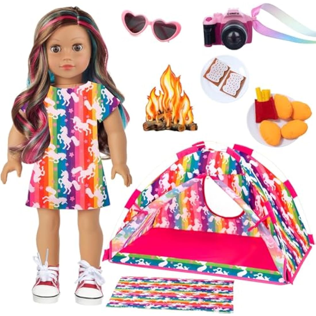 ZITA ELEMENT Unicorn Doll Camping Tent Set for 18 Inch Girl Doll Accessories Including 18 Inch Doll Tent Placemat Doll Clothes Chocolate Cookies Chicken Nuggets Paper Campfire eyeglasses