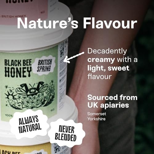 Black Bee Honey - Pure Spring British Soft Set Honey, Creamy with a Light Sweetness, Unprocessed, Single Source from Hive to Jar, Never Blended - Delicious on Toast, Soothing in Drinks, 1Kg Tub