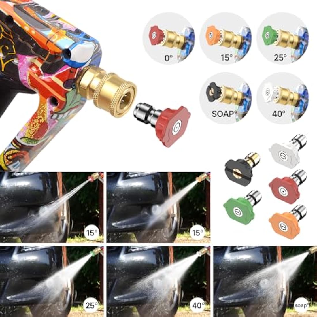 OHAYORI Pressure Washer Gun Heavy-Duty Trigger Gun with 5 Quick Release Spray Nozzles, M22-14mm Adaptor Inlet & 1/4'' Quick Connect Outlet Short Gun,4000PSI Colorful Power Wash Handle for Car Cleaning
