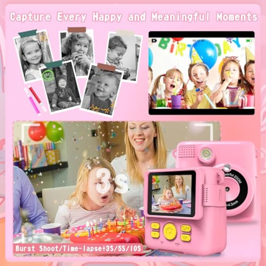 Kids Camera for Girls Boys, Kids Instant Print Camera Toy, 2.4" Screen, 1080P HD Kids Digital Camera with 3 Rolls Photo Paper, Birthday Gifts for 3 4 5 6 7 8 9 10+ Year Old, 6 Color Pen, 32GB SD Card