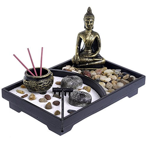 London Boutique Zen Garden Buddha Candle Holder Incense Holder white sand and decorative Stones (Thai Buddha)