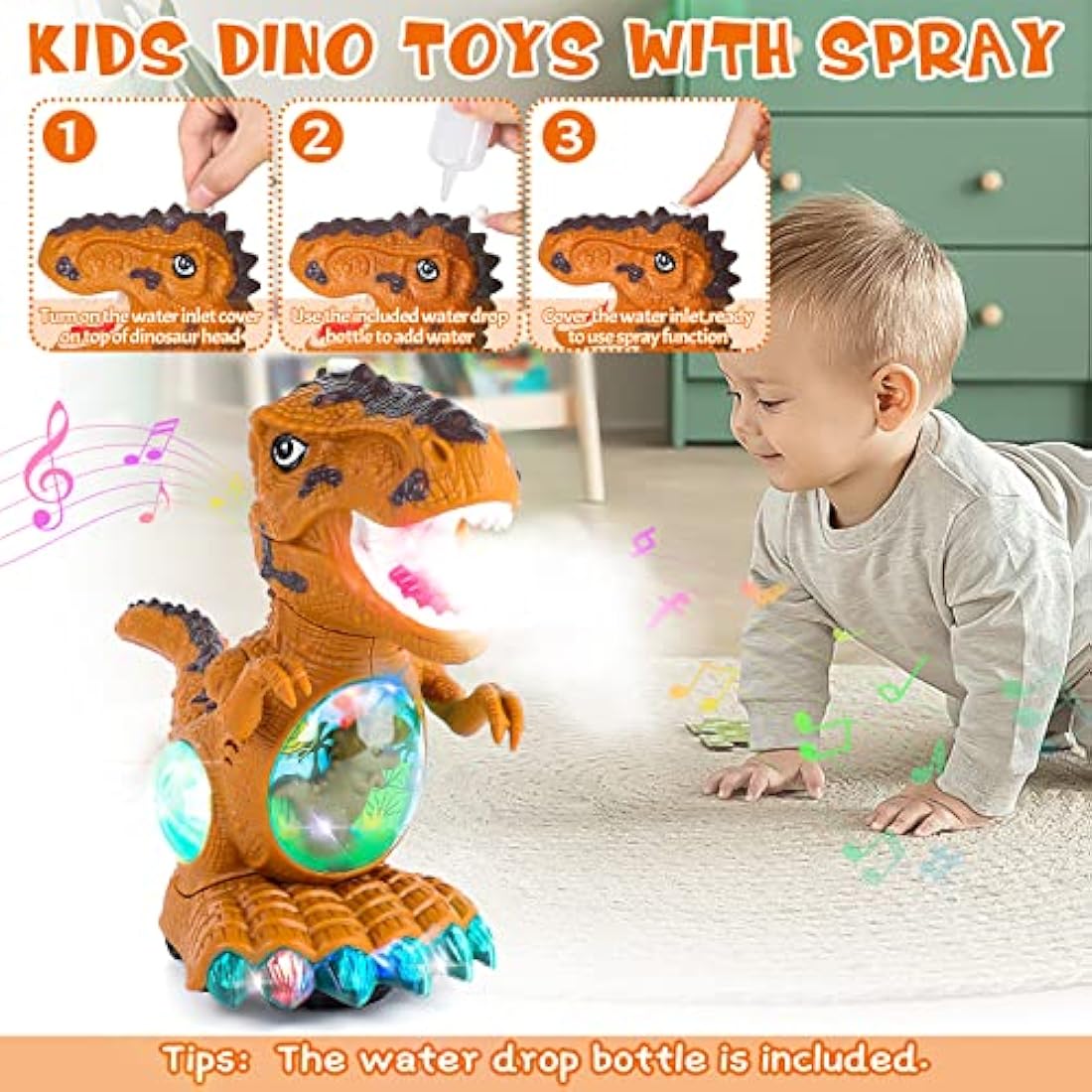 Thedttoy Baby Toys 12 18 Months Dinosaur Light Up Toys, Sensory Walking Toys for 1 2 3 4+ Year Old Toddler, Musical Dinosaur Toy Christmas Birthday Gifts Present for Girls Boys Age 1 2 3 (With Spray)