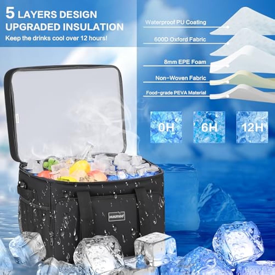 Hulongo Cool Bag Insulated Cooler Bag Waterproof Picnic Double Thermal Bag For Camping, Travel, Grocery Shopping & Fishing, 42L