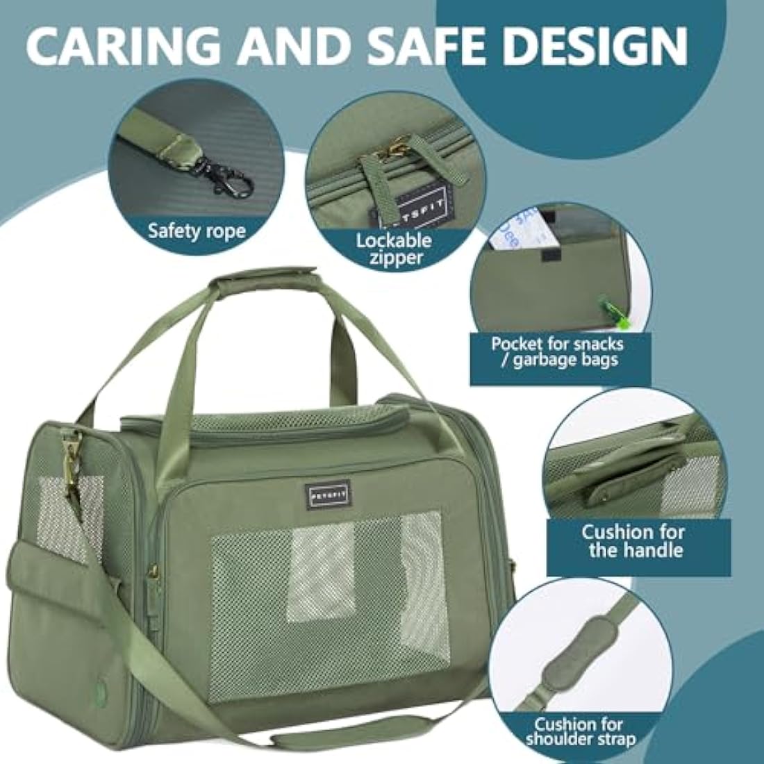 Petsfit Dog Carrier Soft Sided Travel Carrier, Large Pet Carriers with Quadrangle Oxford Fabric and Ventilation Mesh，Portable Dog Bag with Expandable mat and Upgraded Large Space, Olive Green