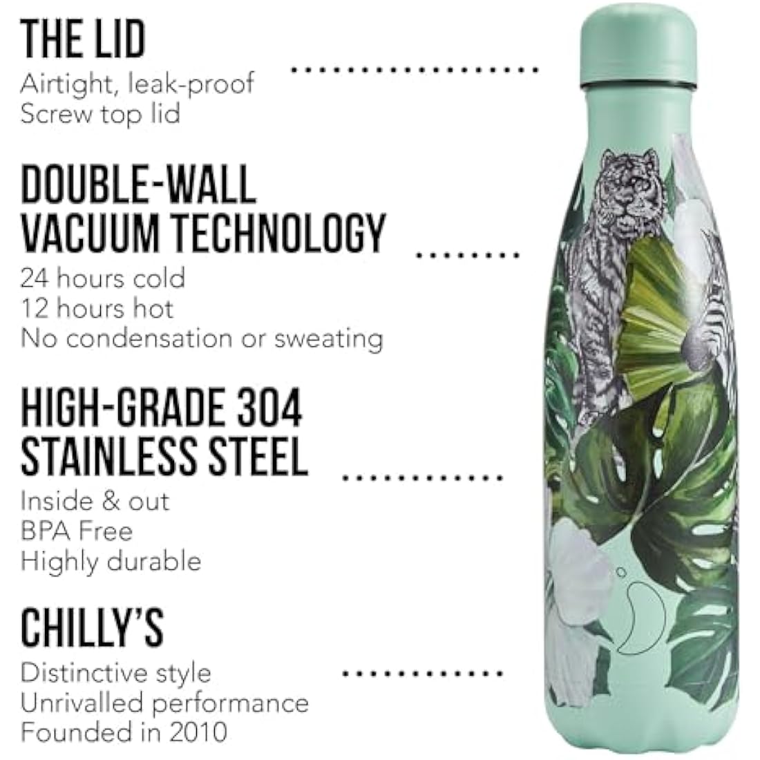 Chilly's Water Bottle - Stainless Steel and Reusable - Leak Proof, Sweat Free - Wild Monstera, 500ml