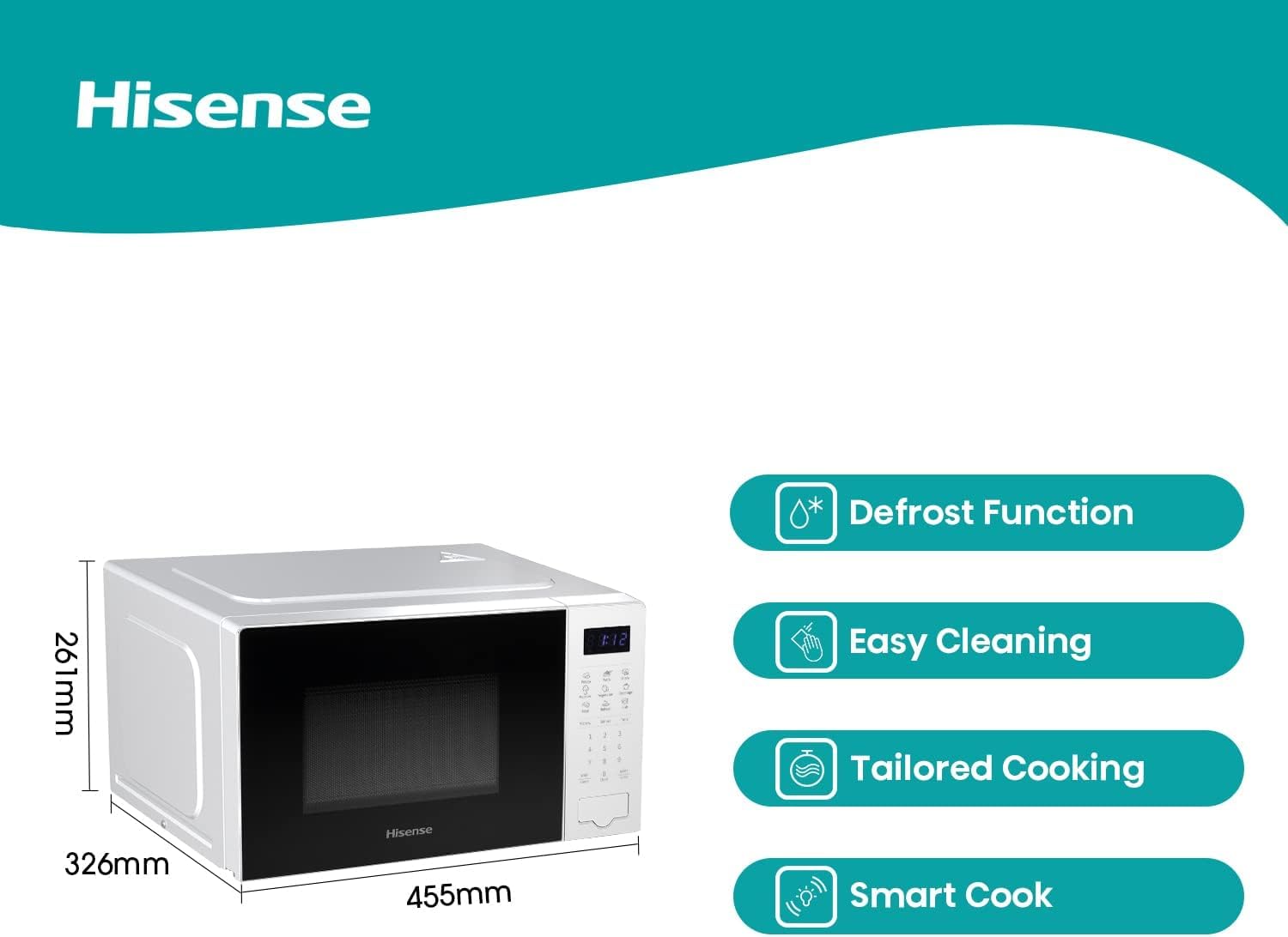 Hisense 700 Watts 20 Litre White Digital Solo Microwave Oven H20MOWS4UK Automatic Defrost, 9 Auto Cook Menus, Clock & Timer, Easy Clean