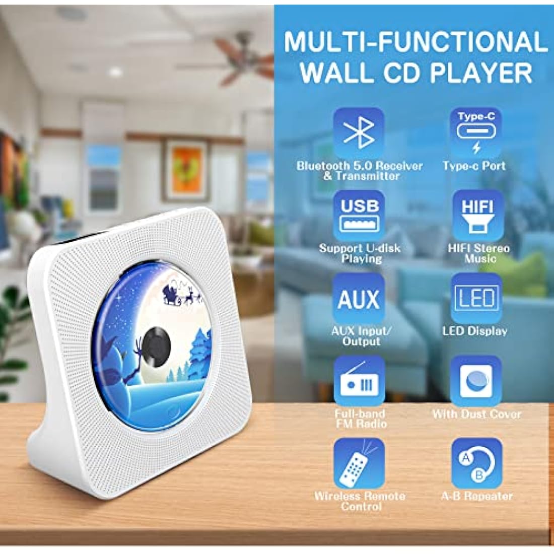 KOVCDVI CD Player for Home Desktop CD Player with Speakers CD Players Bluetooth 5.0 with Remote Control Dust Cover Display FM Radio Timer USB AUX Headphone Port