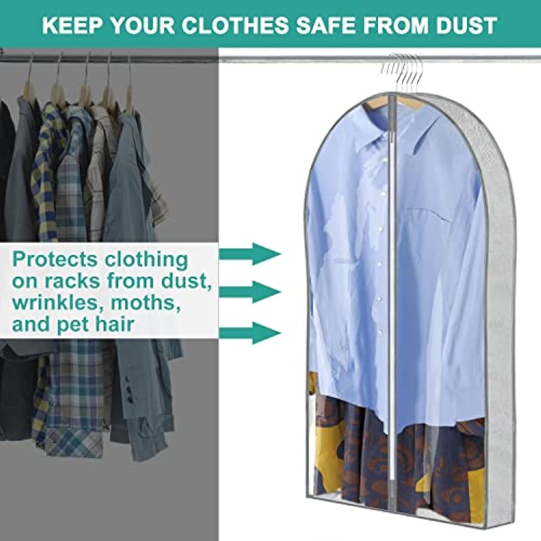 ZSURLUX Dress Bags Covers 60 x 150cm 2Pack, Hanging Dress Storage Bag, Long Garment Bags for Dresses, Long Coat, Grey