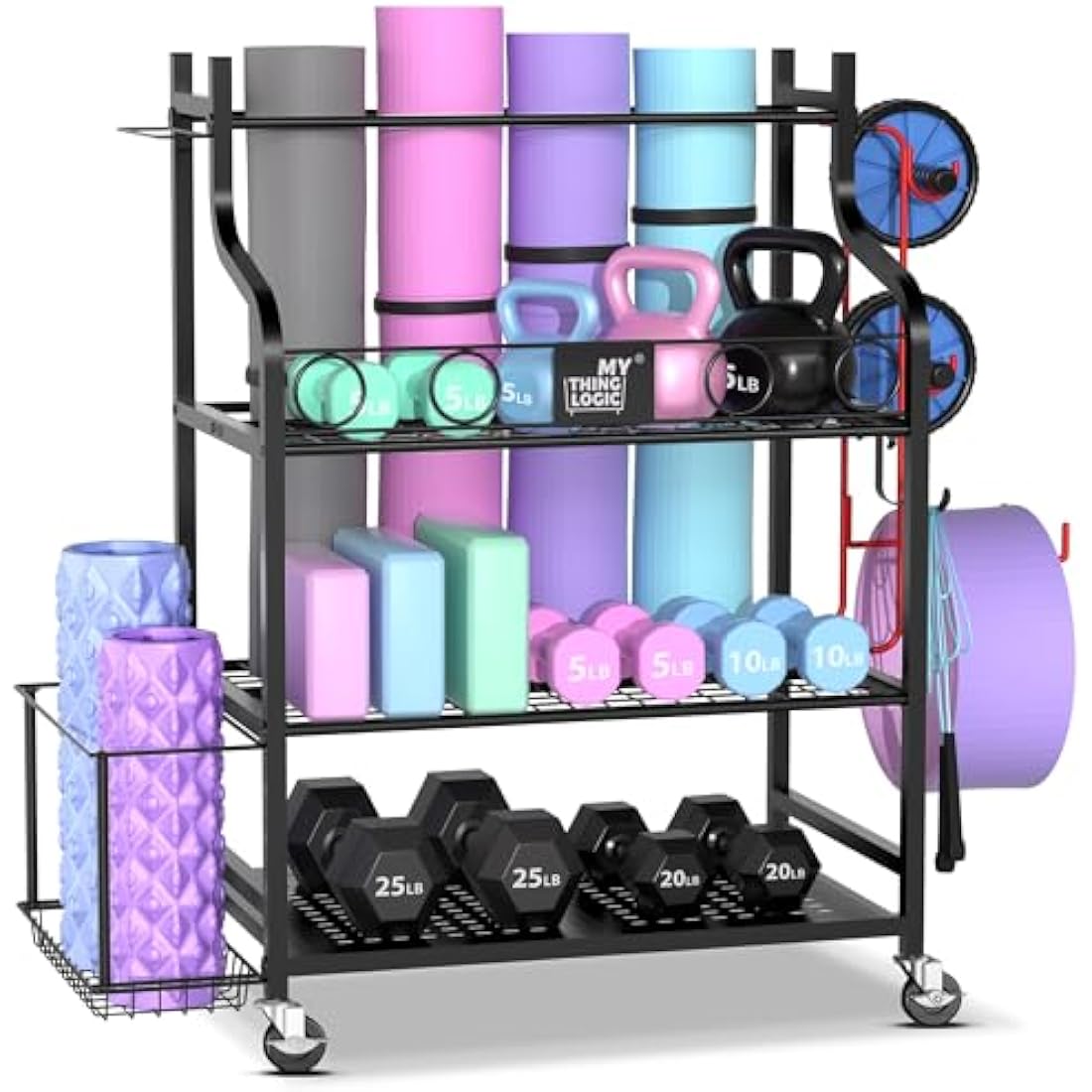 Mythinglogic Dumbbell rack-Yoga Mat weight rack-Home Gym Storage Rack for Dumbbells Kettlebells, Foam Roller, Yoga Strap, Resistance Bands - Workout Equipment Storage Organizer with Hooks and Wheels