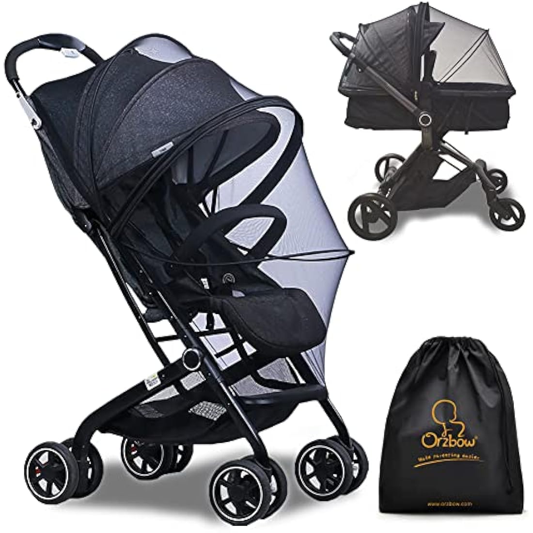 Orzbow Universal Baby Mosquito Net for Pushchair,Breathable Pram Fly Insect Bug Net with Two-way Zippers & Storage Bag,Foldable & Stable Protection Cover for Car Seat and Buggy (Black)