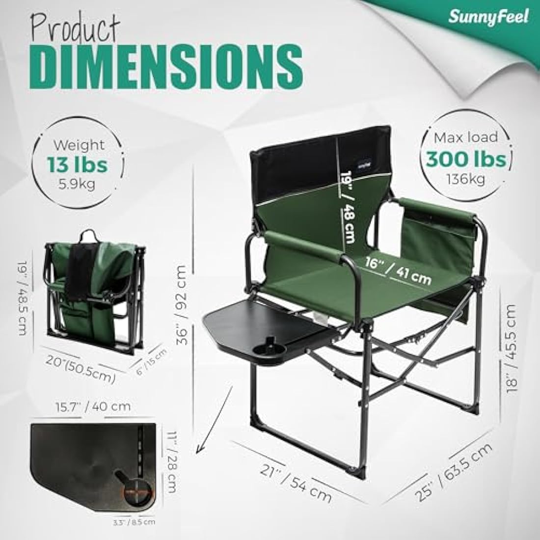 SUNNYFEEL Camping Director Chair, Portable Folding Chair with Side Table and Storage Pouches, Compact Heavy Duty for Adults Outdoor（Green）