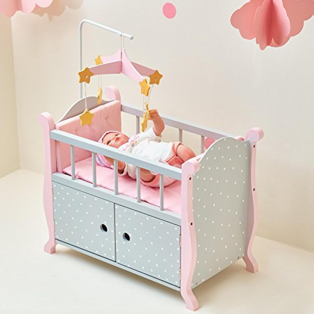 Olivia's Little World Polka Dot Princess Wooden Baby Doll Crib with Storage Underneath, Cushions, and Mobile, Grey/Pink