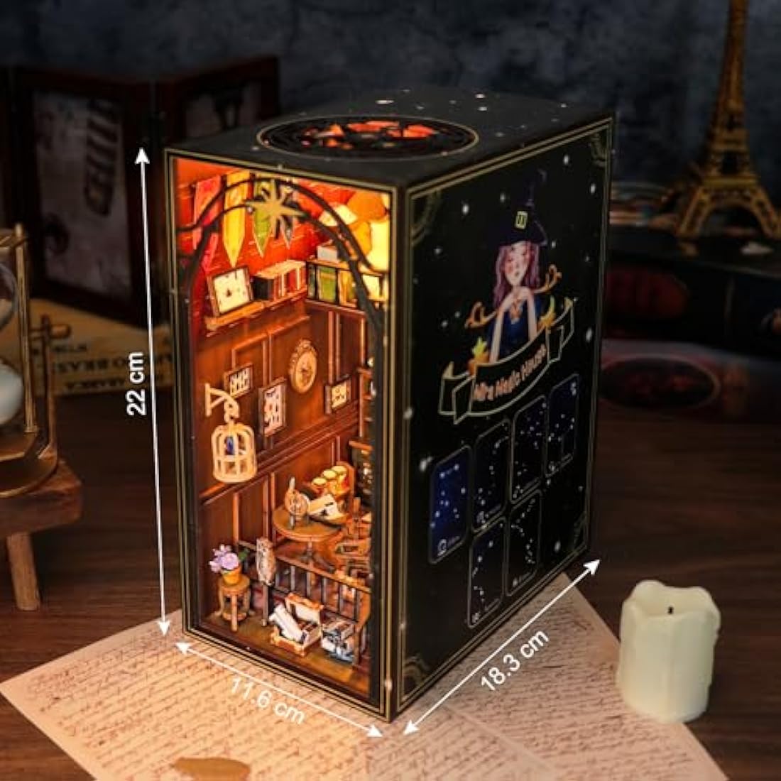 Cuteefun DIY Book Nook Kit, DIY Miniature Dolls House, Bookend Shelf Insert, Wooden Book Nook Dollhouse Kit for Adults to Build, Make Your Own Craft House Model (Mila Magic House)